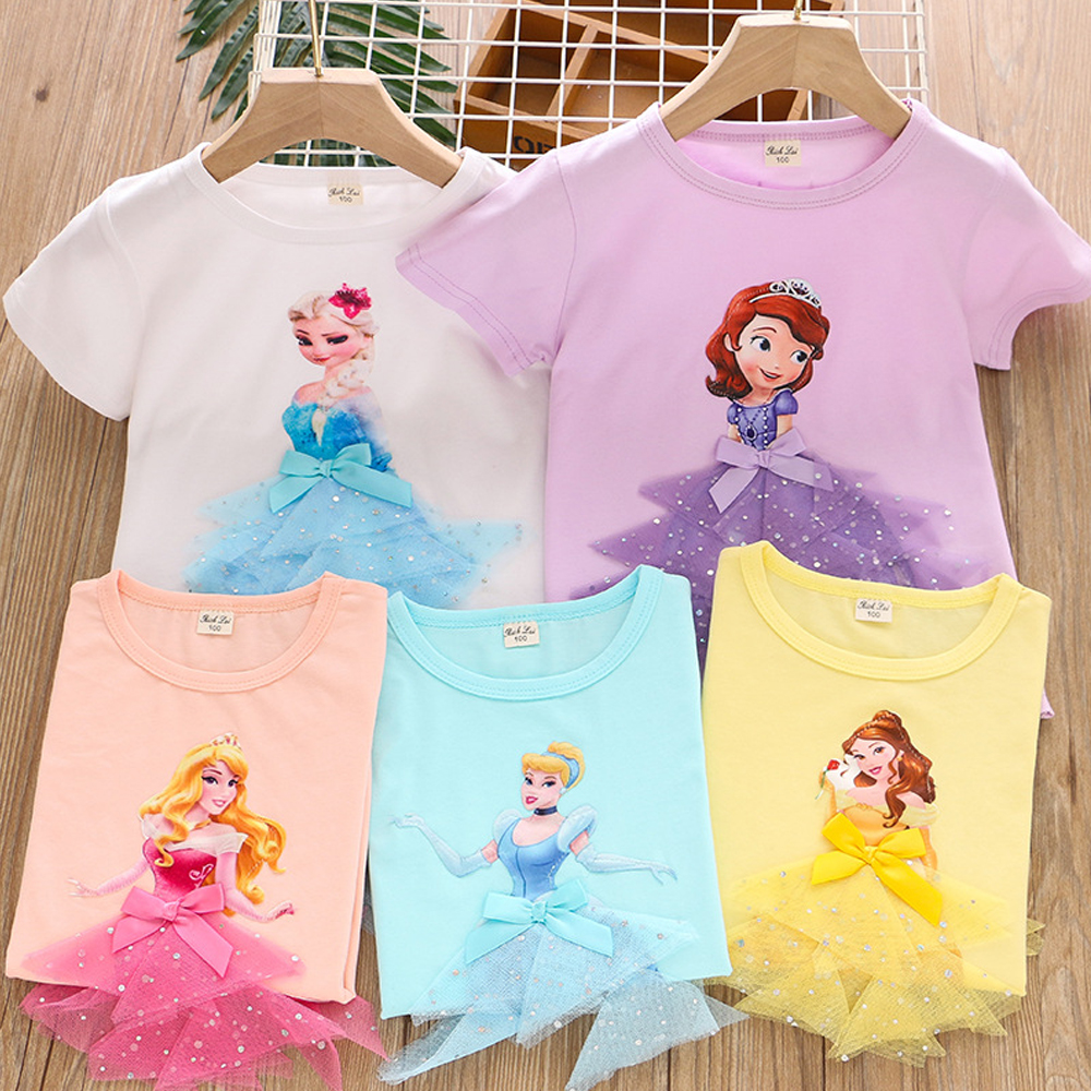Áo Thun Tay Ngắn In Hình Công Chúa Elsa 3D Thời Trang Cho Bé Gái Từ 1-7 Tuổi