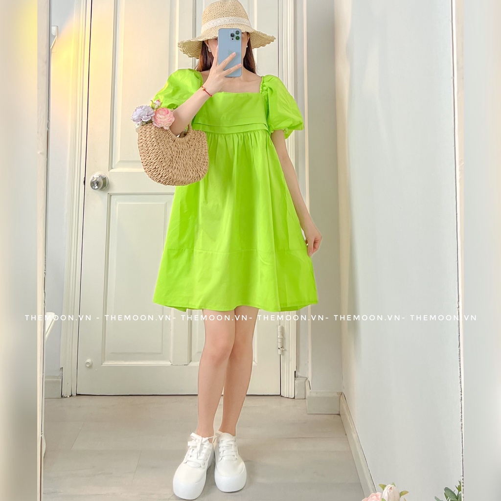 Đầm babydoll tay phồng nơ lưng tự điều chỉnh 2 màu hồng và xanh lá