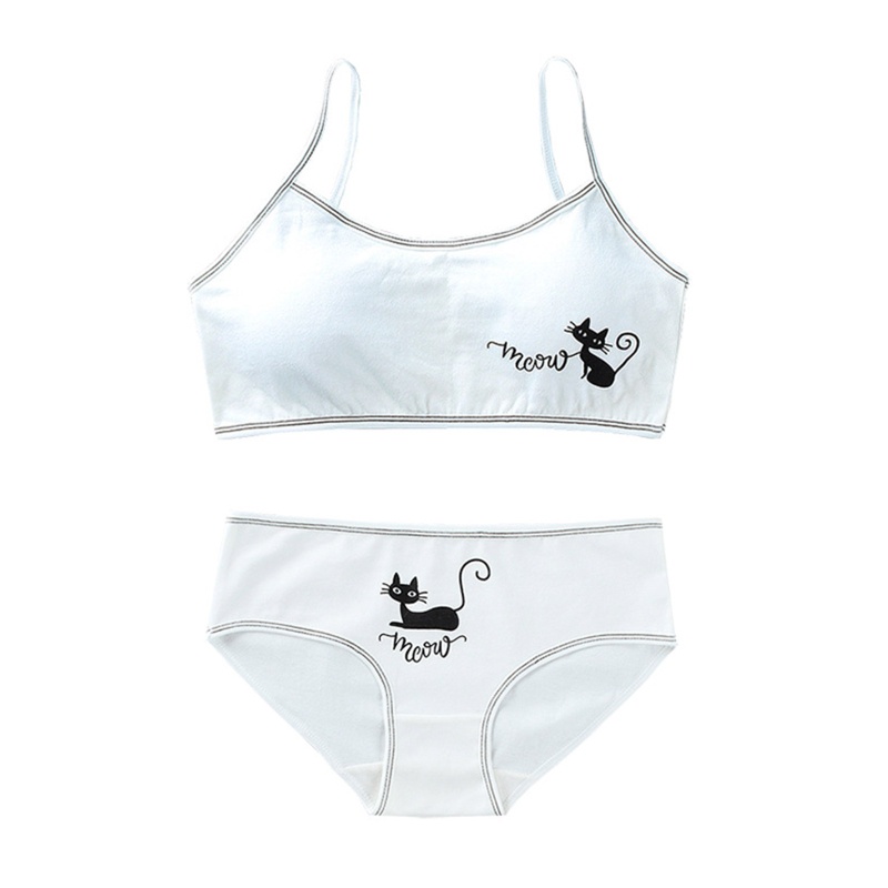 Bộ Đồ Lót 2 Mảnh Áo Ngực Hai Dây In Họa Tiết Mèo Dễ Thương Có Thể Tháo Rời Phong Cách Hipster Thời Trang Cho Tuổi Teen
