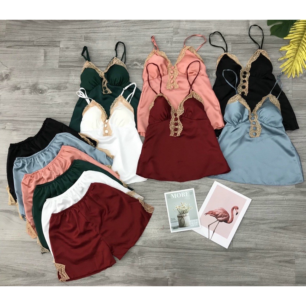 Đồ ngủ sexy / Set bộ 2 dây phối ren đính nút - có mút ngực, chất liệu Satin cao cấp mềm mịn mát, kèm quần xẻ tà so cute | BigBuy360 - bigbuy360.vn
