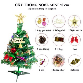 Cây Thông Noel Mini Để Bàn - Cây Thông Minh Trang Trí Bàn Làm Việc Kèm 16 Phụ Kiện, Đèn Led Trang Trí
