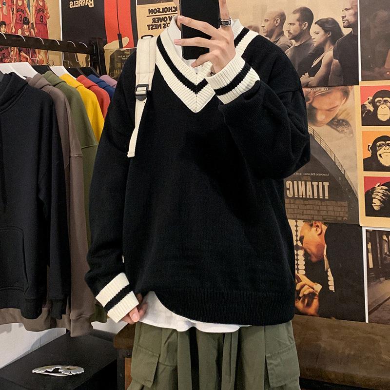Áo sweater dệt kim cổ chữ V dáng rộng ghép màu dành cho nam sinh
