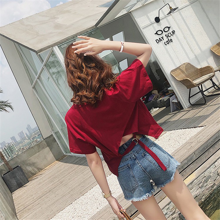 Áo Thun Lửng Cổ Yếm Cột Dây Lưng Cao Dáng Rộng Xẻ Tà Kiểu Hàn Quốc Thời Trang