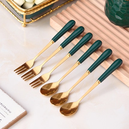 Lọ sứ đựng nĩa, xiên trái cây, muỗng cafe, thìa tráng miệng mạ vàng cao cấp phong cách bắc âu