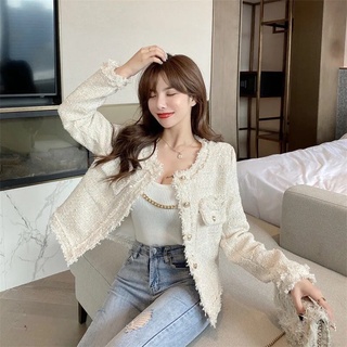 Áo khoác dạ tweed trắng xanh dáng ngắn cổ tròn tua rua [Ảnh thật 4-9]