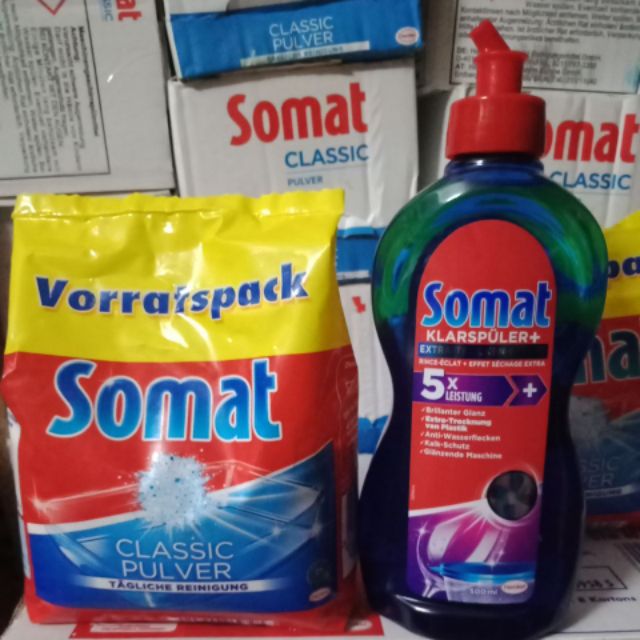 combo Bột rửa bát và nước làm bóng bát đĩa somat  túi 1,2kg ( Nước làm bóng chai 500ml )tf finish , alio