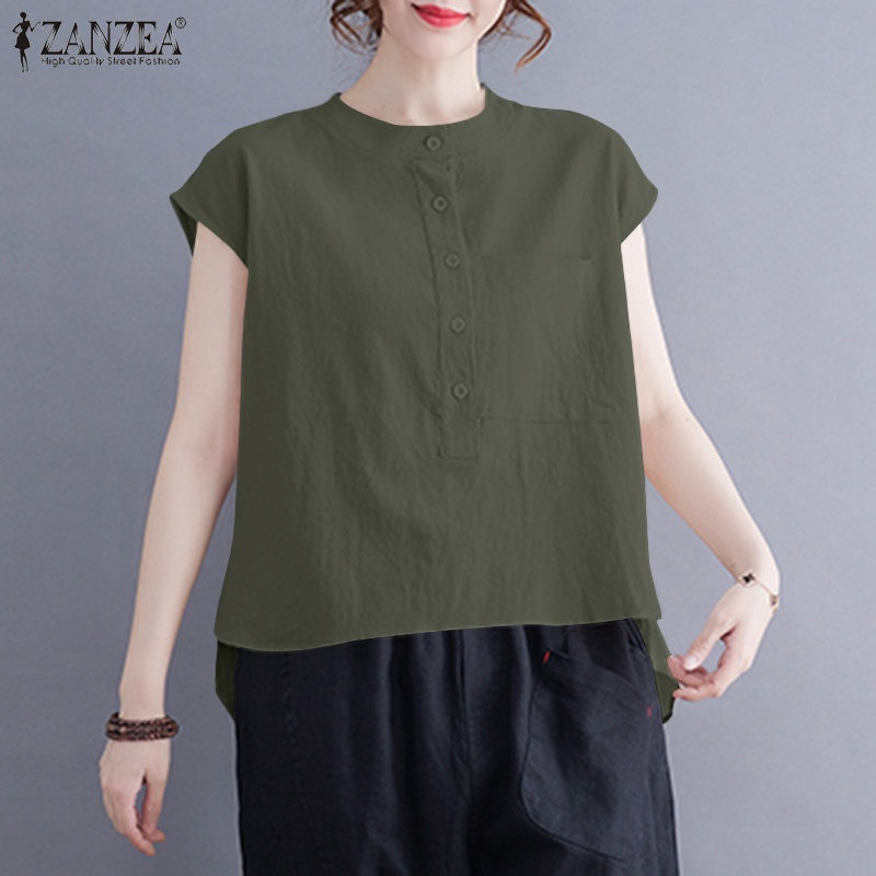 Áo sơ mi ZANZEA tay dài có túi trước màu trơn dành cho nữ