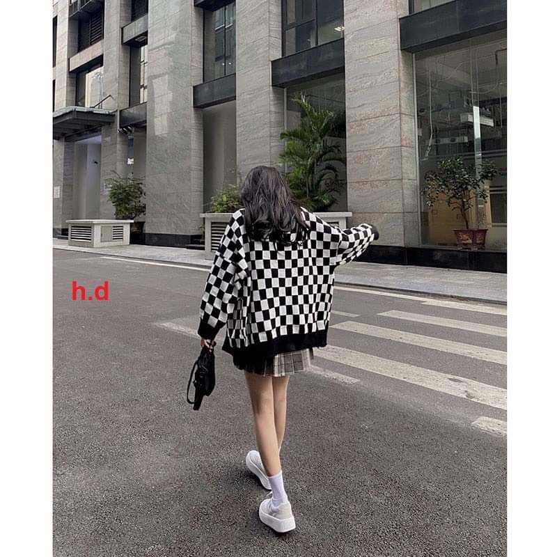 Áo cardigan nữ BÀN CỜ form rộng [FREESHIP] Áo khoác nữ chất vải dày dặn họa tiết caro đen trắng mùa đông Rẻ nhất