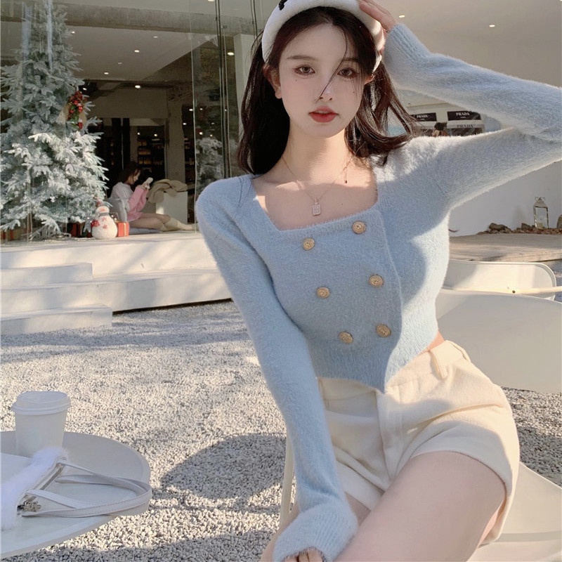 Áo Sweater Dệt Kim Cổ Vuông Thời Trang Cho Nữ