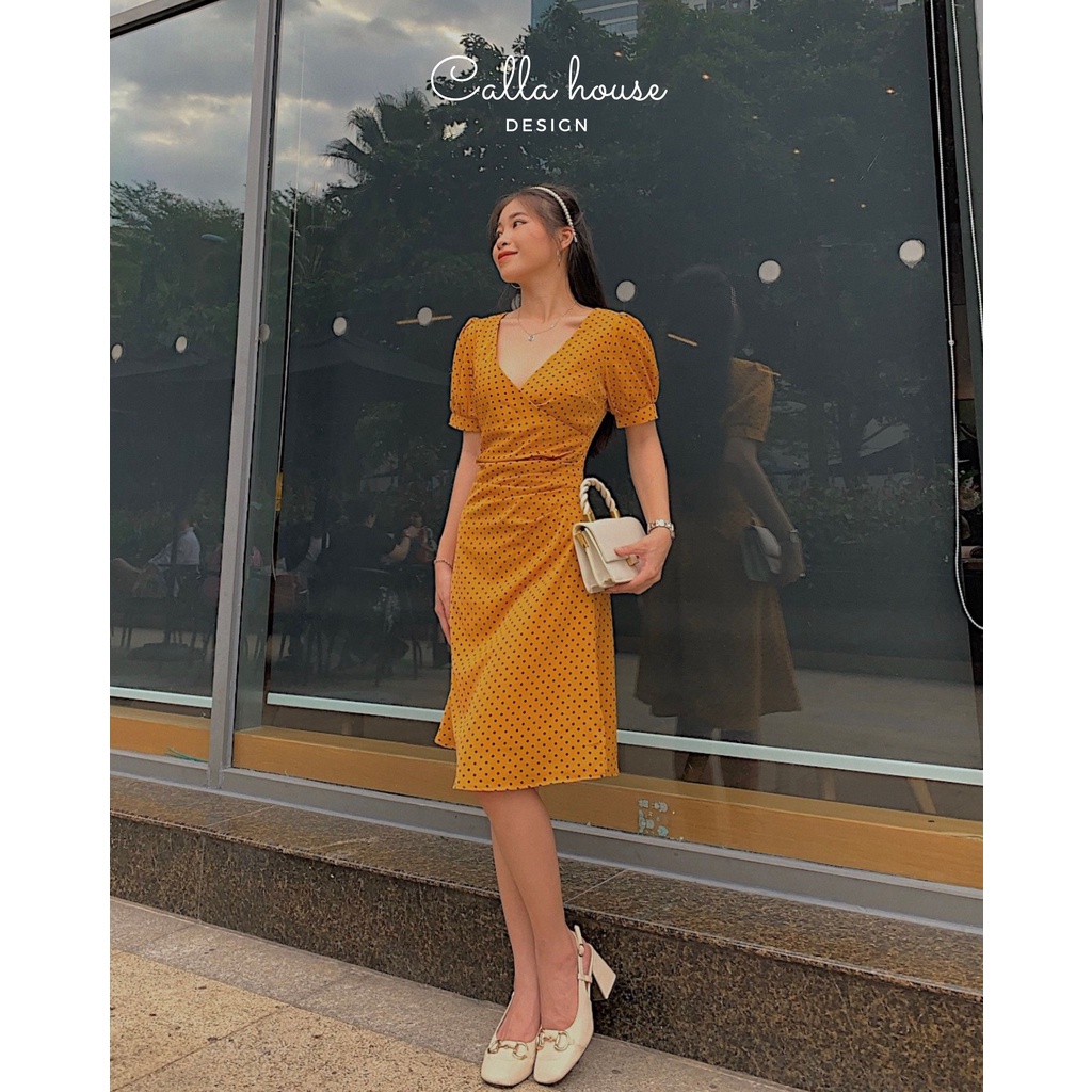 Đầm chấm bi vàng xếp ly xéo cổ Callene (CC270)