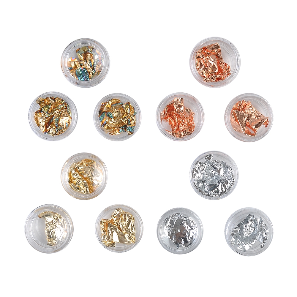 12 hũ đựng lá kim loại dùng trang trí móng với 4 màu tiện dụng