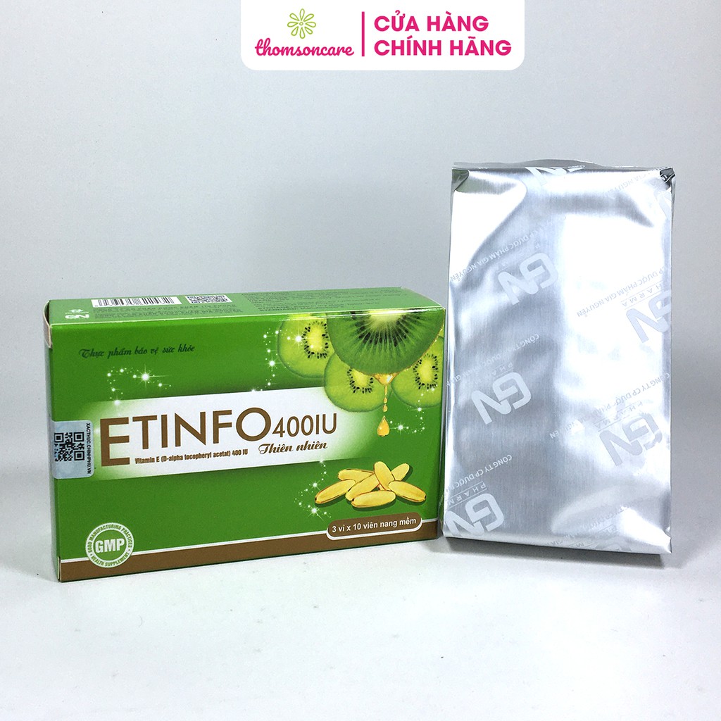 Bổ sung vitamin E 400IU - giúp làm đẹp da, ngăn ngừa lão hóa da - Etinfo - Hộp 30 viên