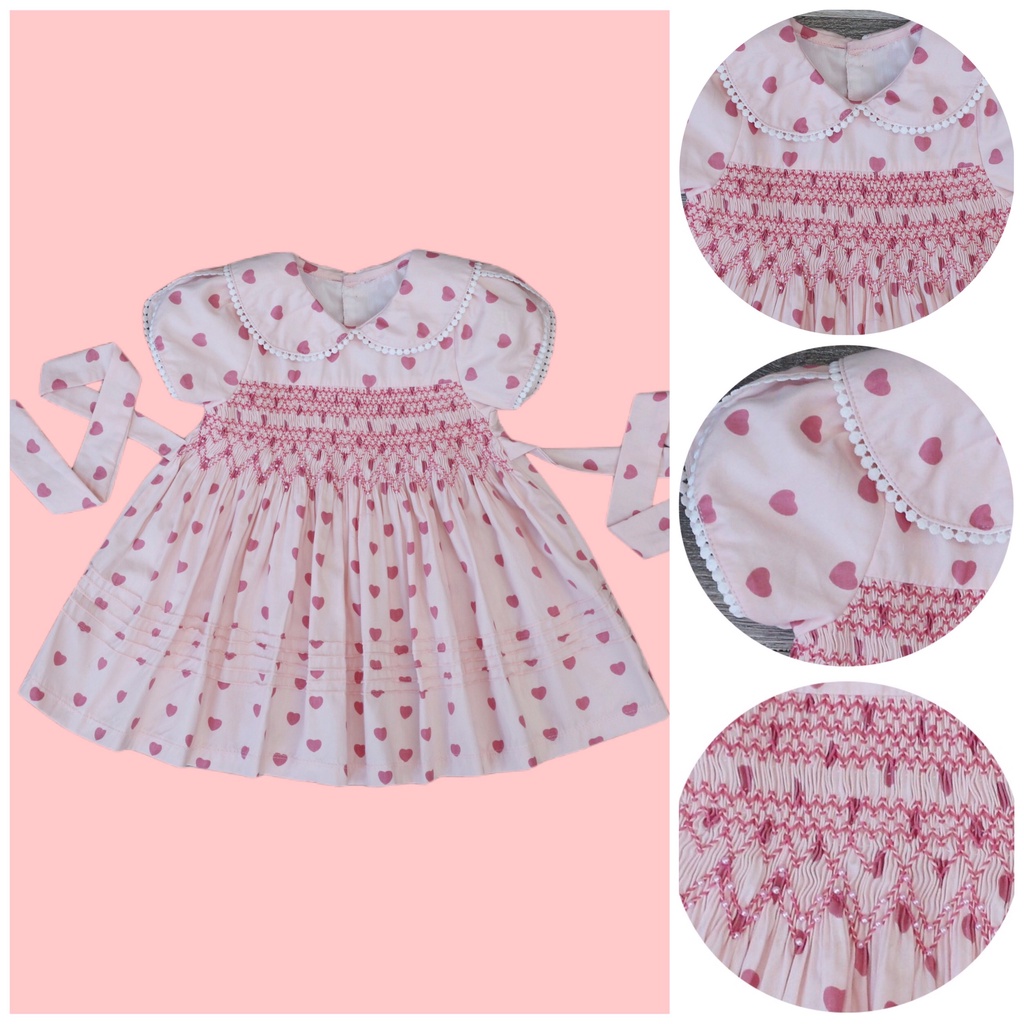 Váy Đầm Cho Bé Gái, Đầm Smock Thêu Tay Kiểu Viền Ren Hình Trái Tim Cách Bánh Bèo Dễ Thương Size 1 Tuổi -10 Tuổi