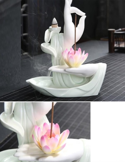 Thác khói trầm hương tay Phật nâng hoa sen đốt trầm hương giúp thư giãn, chất liệu sứ, tặng nụ trầm