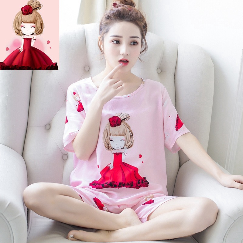 Đồ ngủ nữ, họa tiết hoạt hình dễ thương, size M-2XL, áo tay ngắn + quần short, đồ ngủ ngắn tay mùa hè Hàn Quốc, thời trang, New【lyfs】