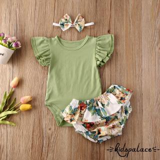 Set 3 món gồm áo liền quần + quần short + băng đô in hoa cho bé gái