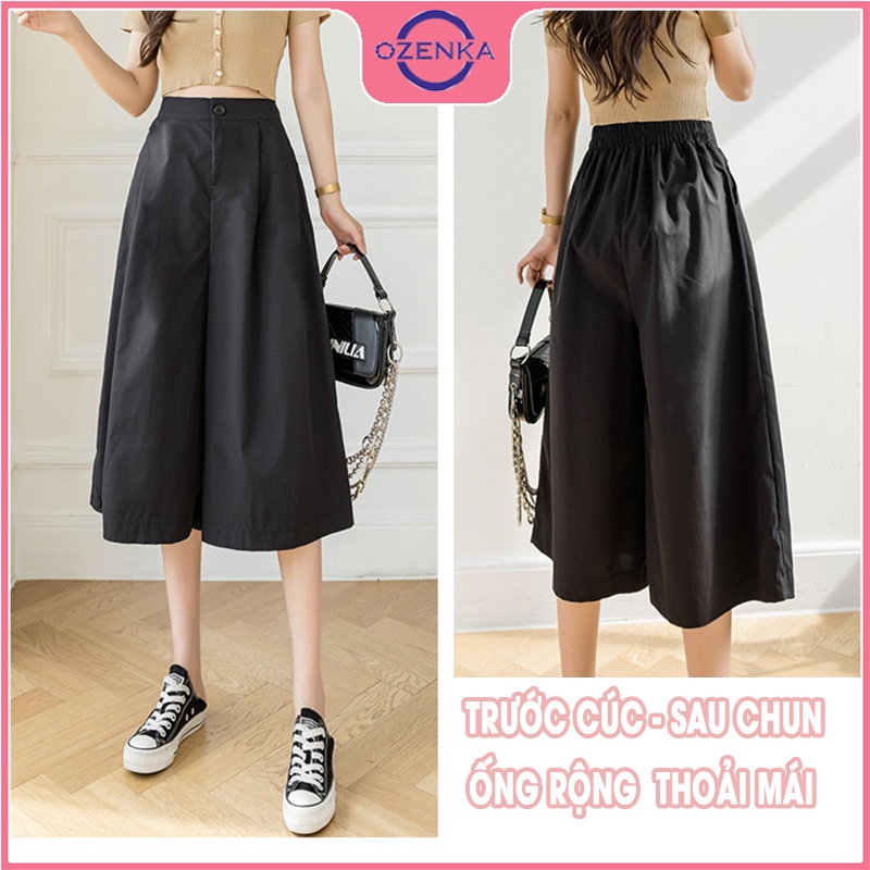 Quần lửng cạp cao ống rộng nữ OZENKA , quần lỡ giả váy đũi tơ mặc đi chơi mặc ở nhà siêu mát màu đen rêu