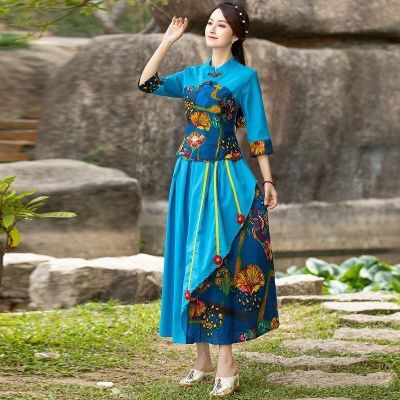 Bộ Đồ Sườn Xám Cách Tân Vải Cotton Lanh Cài Khóa Kiểu Trung Hoa Retro