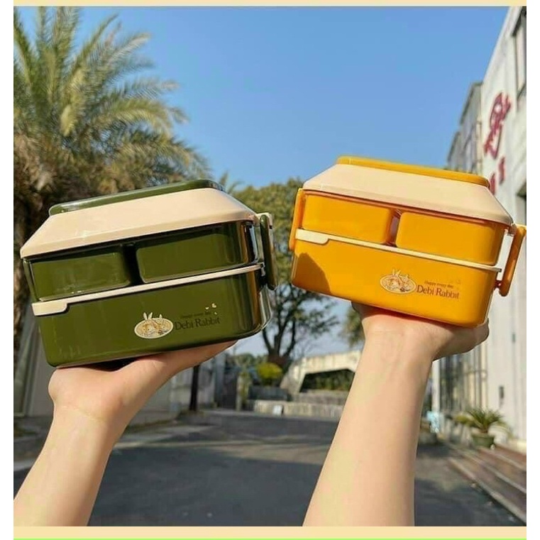 Hộp cơm giữ nhiệt lúa mạch 2 tầng-hộp cơ văn phòng tiện lợi có thể hâm nóng bằng lò vi sóng