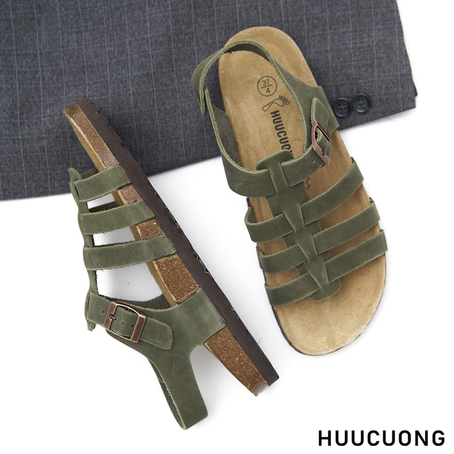 Giày Sandal Unisex HuuCuong chiến binh da bò rêu đế trấu handmade