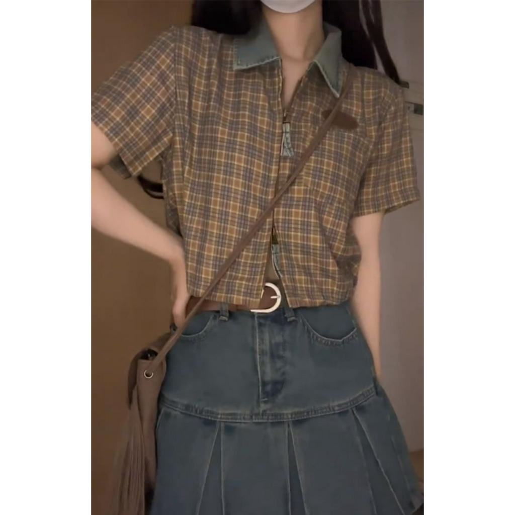 Ethelgirl Áo Sơ Mi Tay Ngắn Cổ Polo Phối Khóa Kéo Họa Tiết Sọc Caro Phong Cách Mỹ Cổ Điển Thời Trang Cho Nữ