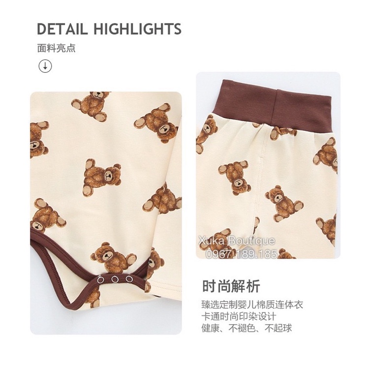 Bodysuit Kèm Quần + Mũ Hình Gấu Cao Cấp Cho Bé 0-2 Tuổi Style Hàn Quốc Cotton Dài Tay Thu Đông Cực Đẹp