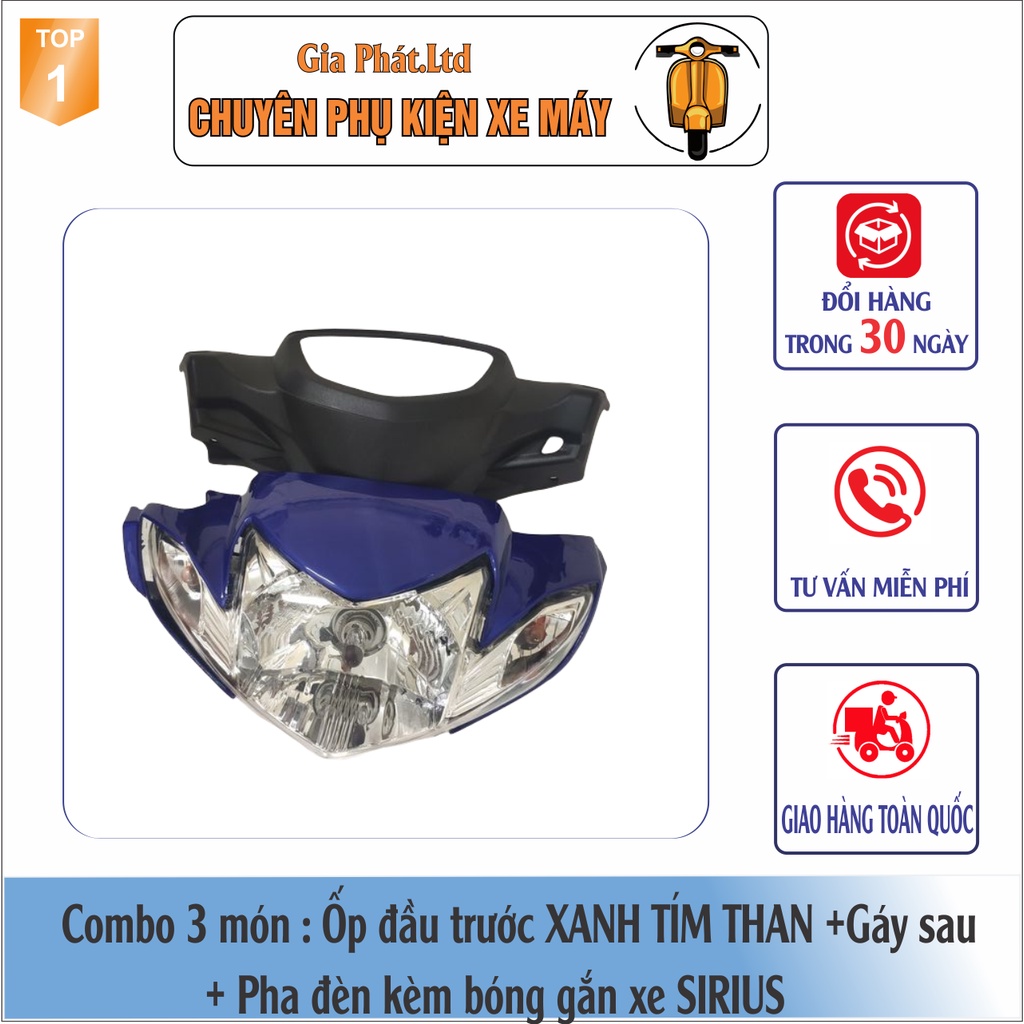 Bộ ốp đầu màu XANH TÍM THAN gắn xe SIRIUS đầy đủ Ốp đầu trước, Gáy sau và Pha đèn kèm bóng