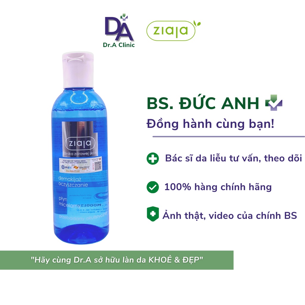 Nước Tẩy Trang Micellar Water Ziaja Chính Hãng Cho Da Nhạy Cảm Khô Mụn dưỡng ẩm và se khít lỗ chân lông - Dr.A Clinic