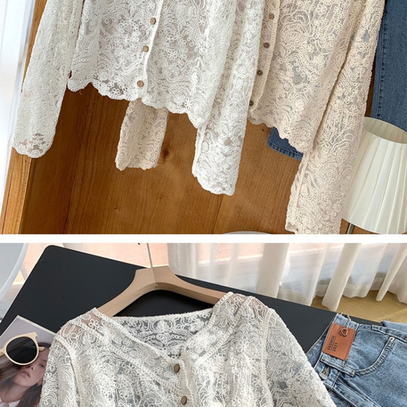 Áo Cardigan Cổ Chữ V Tay Dài Phối Ren Và Nút Họa Tiết Hoa Cho Nữ