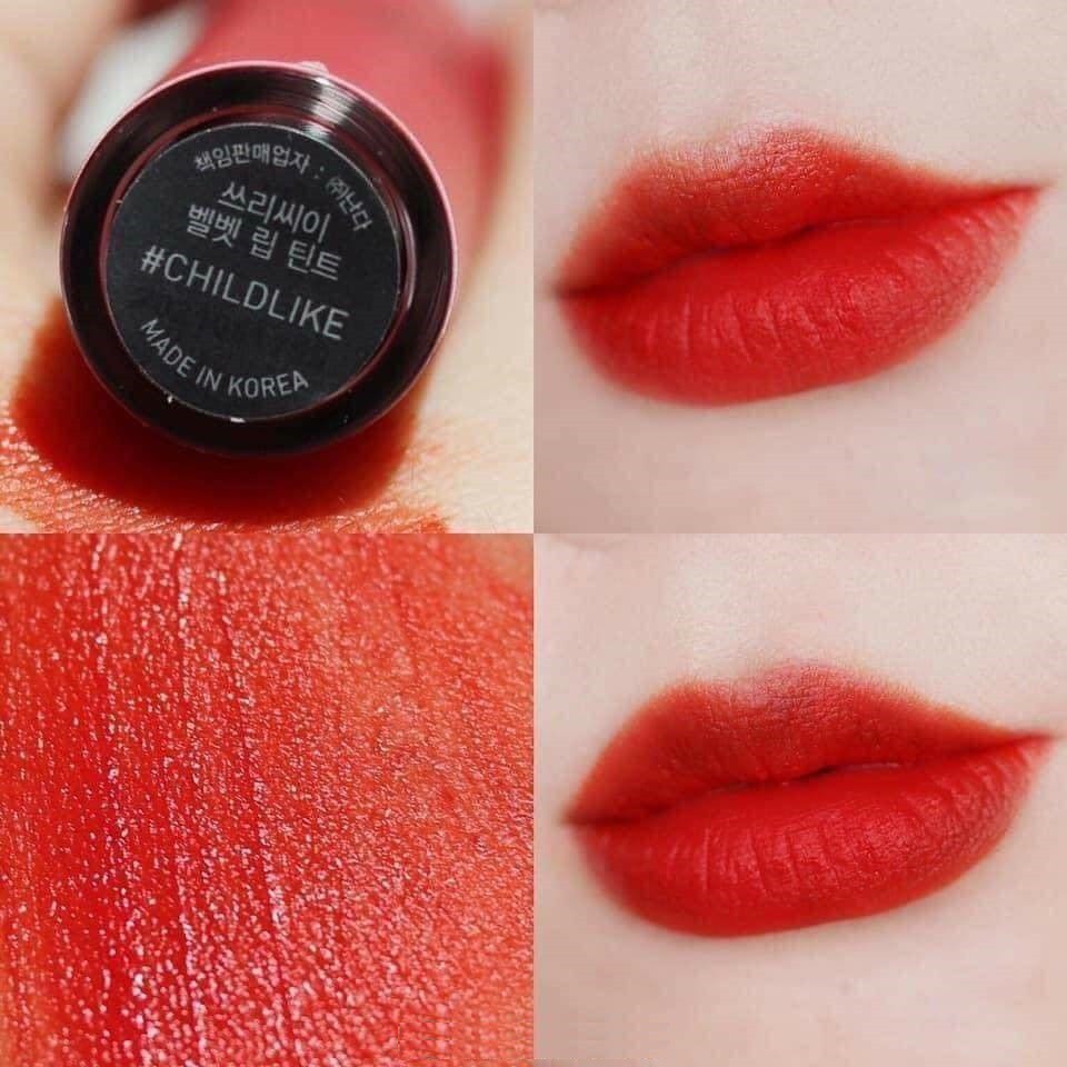 Son kem 3ce velvet lip tint màu Childlike đỏ cam.
