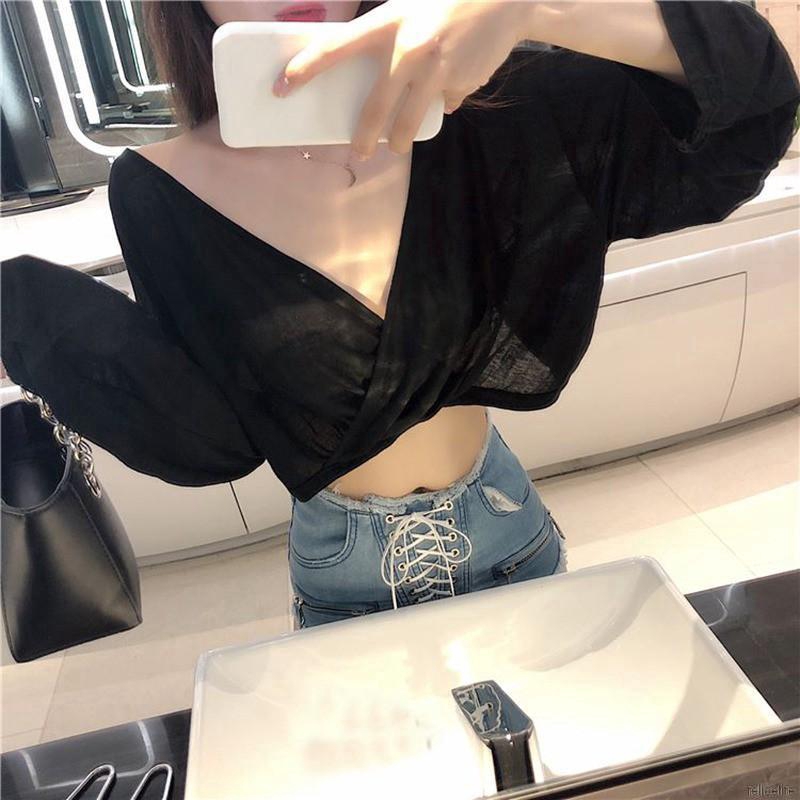 Áo croptop cho nữ cổ V tay dài suông màu kiểu dáng hợp thời trang