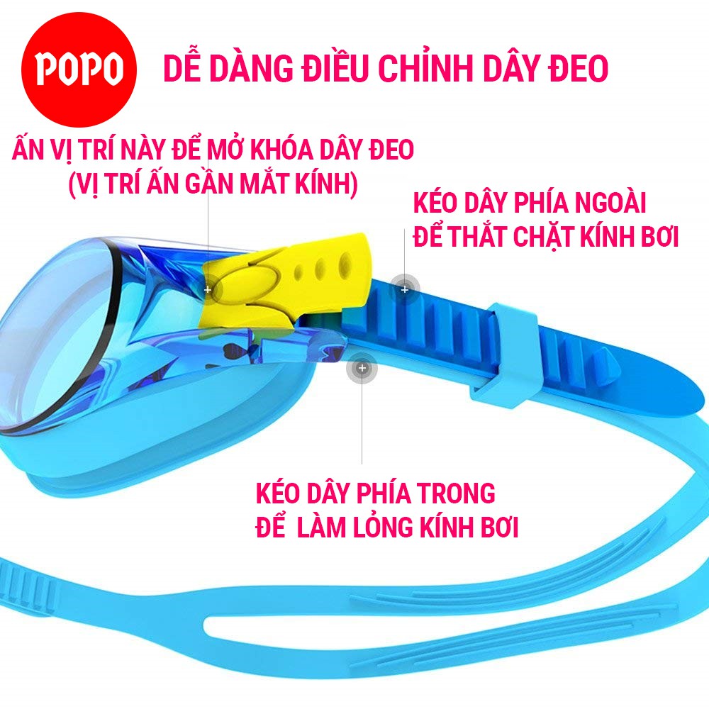 Kính bơi trẻ em POPO 1150 mắt kính cản tia UV dễ dàng điều chỉnh dây đeocho bé trên 3 tuổi