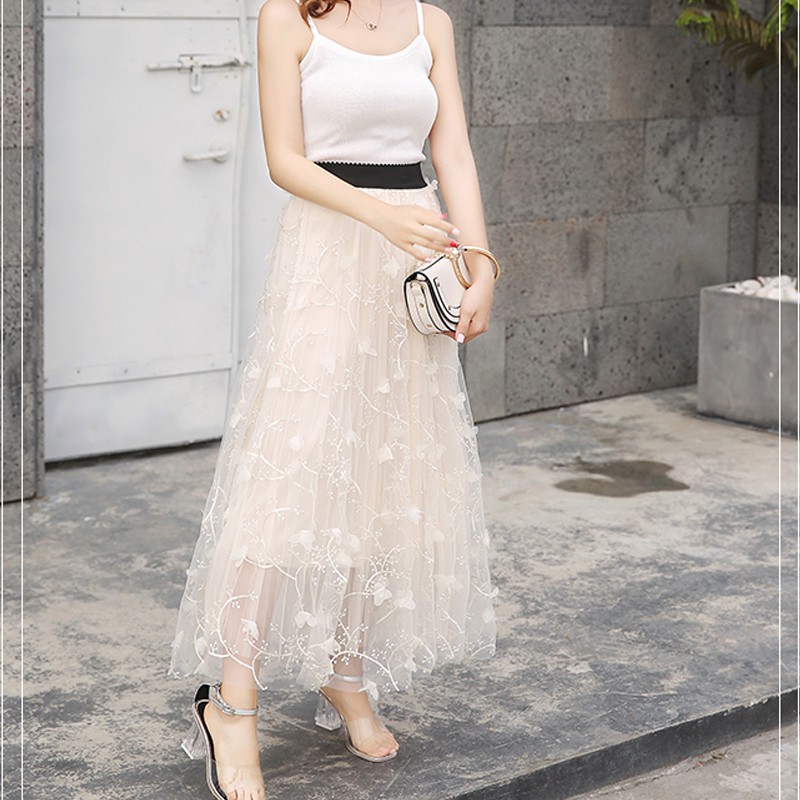 Váy xòe dáng dài 3 lớp dễ thương đính hoa nổi VAY84 free size