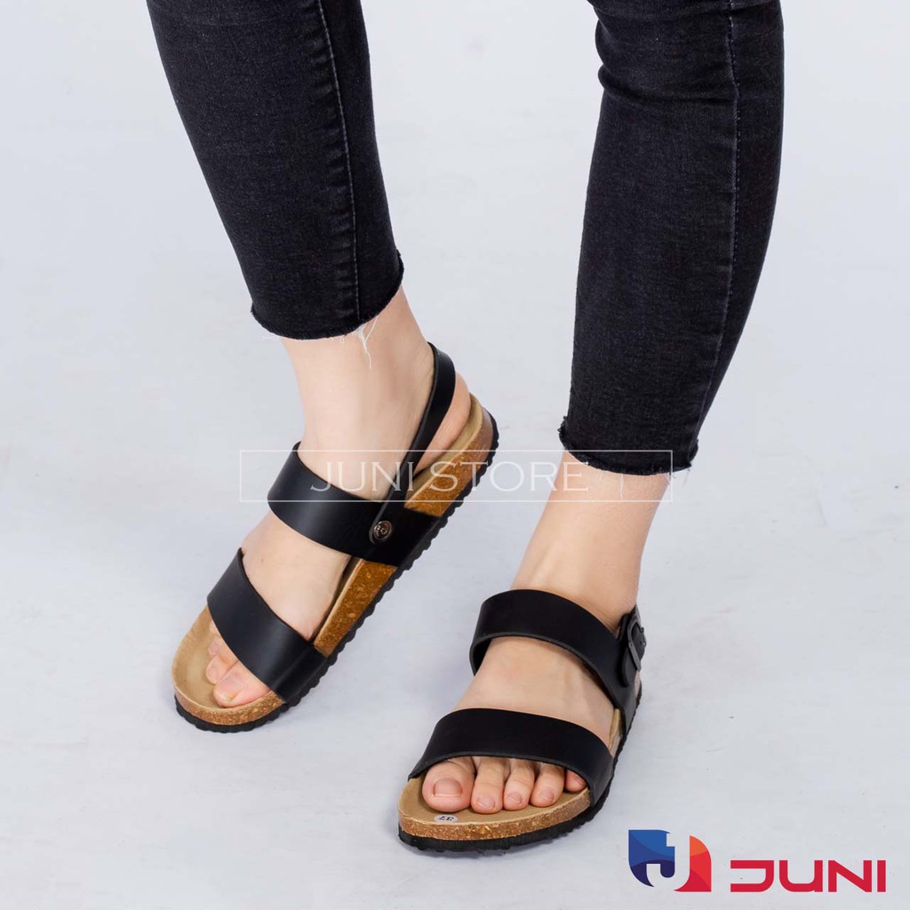 [VNXK] PU15 Đen - Dép sandal quai ngang Unisex da PU, đế trấu Bioline Birken - Xuất khẩu châu Âu - Juni Stor