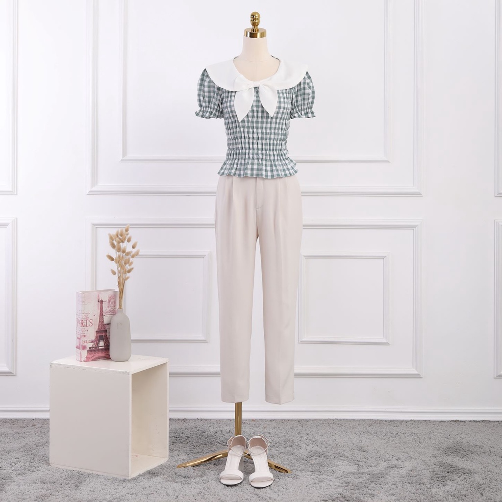 Áo sơ mi kiểu nữ croptop, chun eo, cổ sen phối trắng, kẻ caro, tay bồng, hàng thiết kế cao cấp TK Fashion - SMKA188