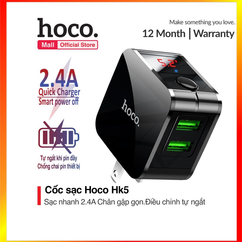 Cốc sạc Hoco HK5 sạc nhanh 2.4A 2 cổng USB tùy chỉnh tự ngắt thông minh khi đầy pin bảo vệ thiết bị chống chai pin - Sm