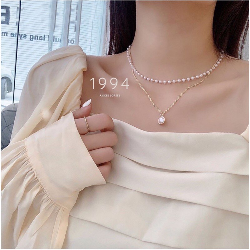 Dây chuyền/Vòng cổ nữ hai dây dáng Choker phối ngoc trai phong cách Hàn Quốc (Mã N02)