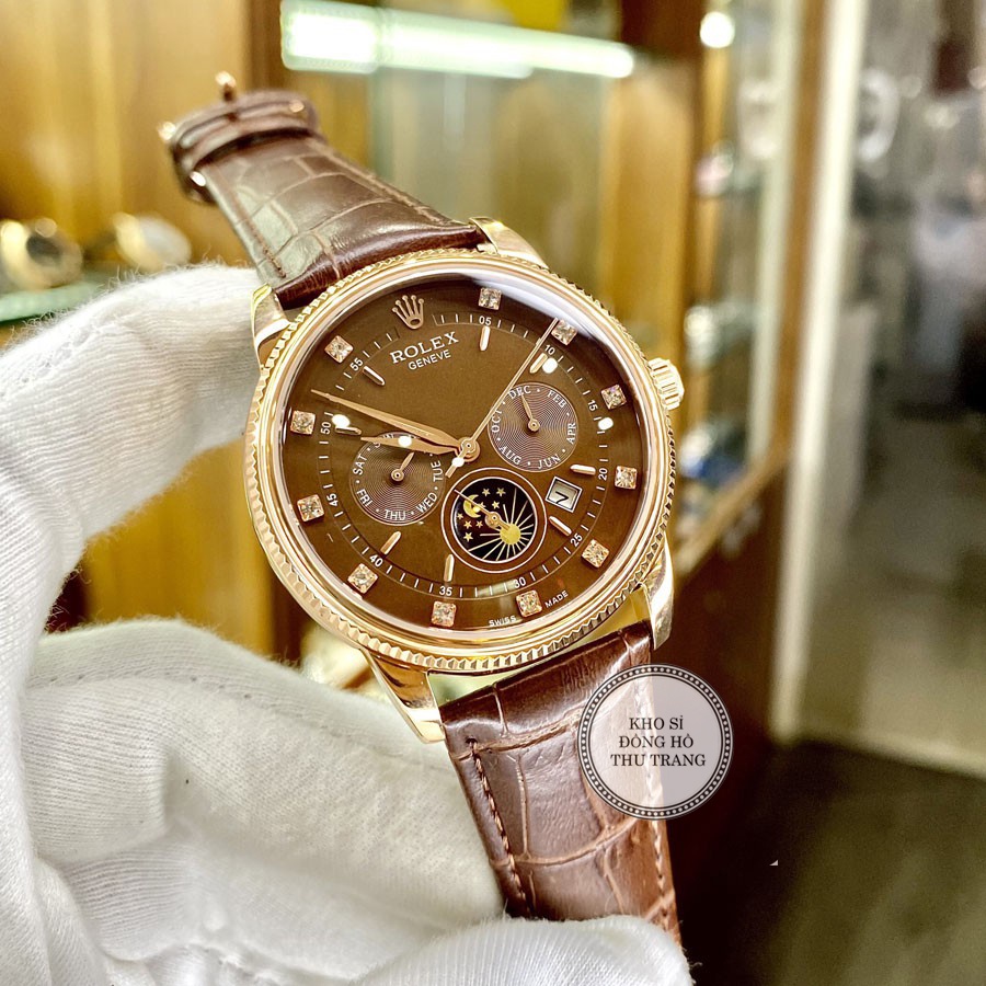 Đồng hồ Nam Rolex máy nhật, mẫu 6kim đính đá, mặt nâu cafe viền vàng, dây da, dòng cơ Automatic size 40mm-41mm | BigBuy360 - bigbuy360.vn