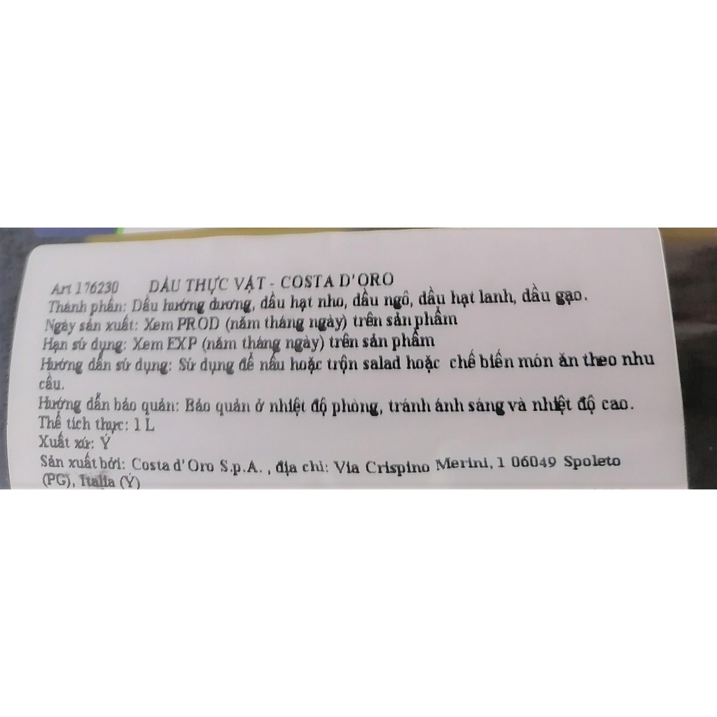 [Chai 1 Lít] DẦU THỰC VẬT DINH DƯỠNG [Italia] COSTA D’ORO Vegetable Oil Mix