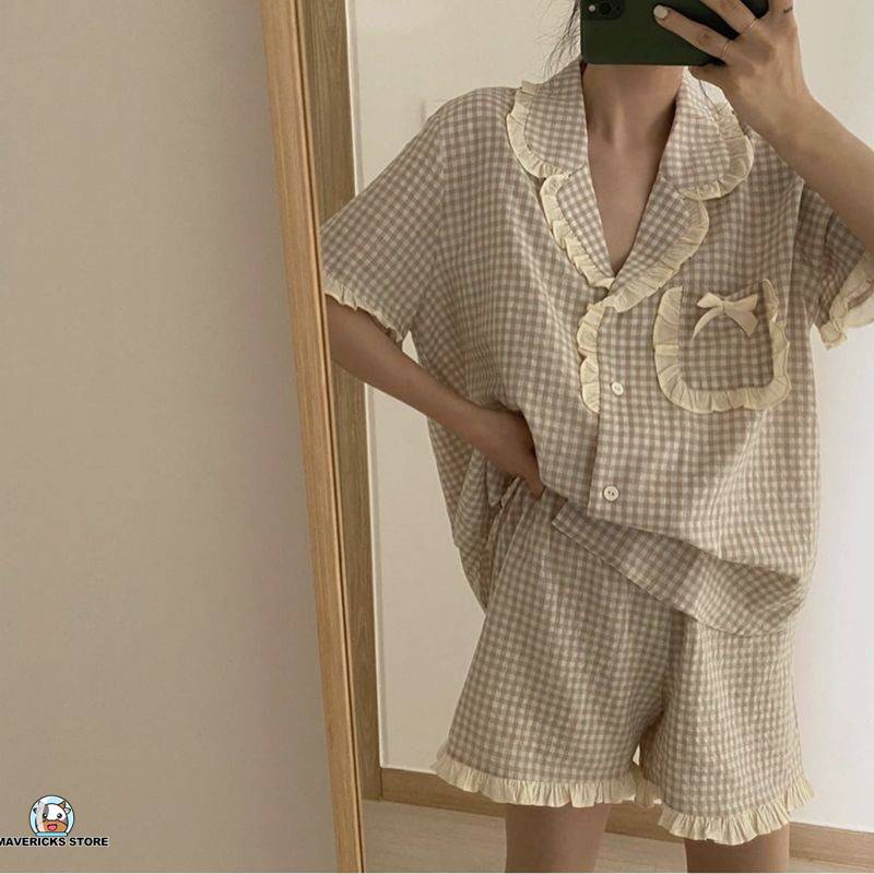 Set đồ ngủ ngắn tay họa tiết sọc caro phong cách Hàn Quốc hợp thời trang cho nữ