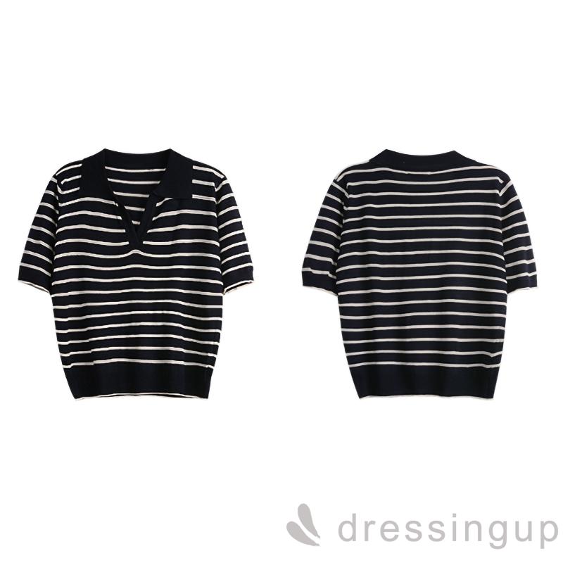 Áo thun polo tay ngắn cổ chữ v họa tiết sọc ngang dành cho nữ | BigBuy360 - bigbuy360.vn