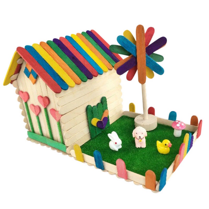♙Ice Cream Stick House DIY Chất liệu Trẻ em Làm bằng tay Lớp học Popsicle Stick bằng gỗ Mô hình Ngôi nhà Tự làm Thủ công