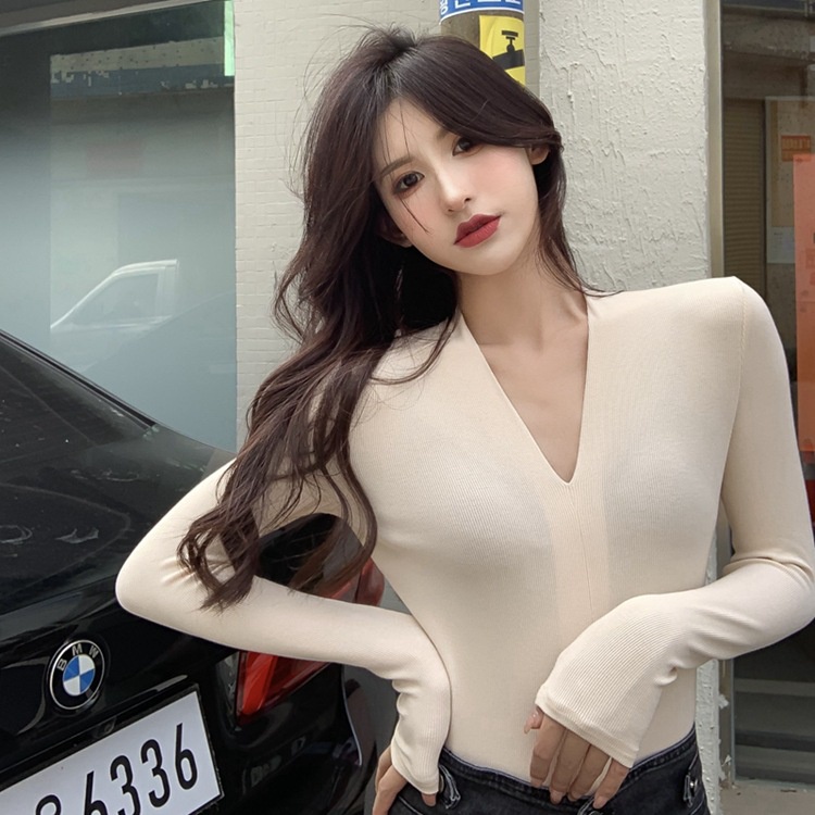 QKOOLE  Áo Dệt Kim Tay Dài Cổ Chữ V Màu Sắc Đơn Giản Phong Cách Hàn Quốc