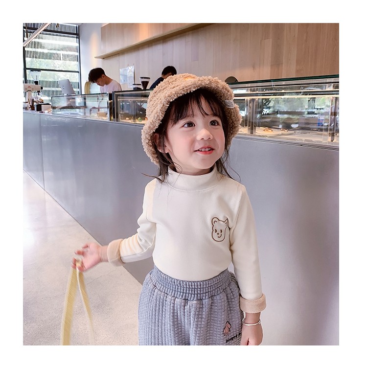 Áo thun tay dài cổ cao màu trơn thêu họa tiết hoạt hình dễ thương cho bé gái
