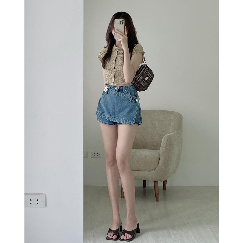 A6322 Áo croptop nữ AUDREY cổ sơ mi xốp nhăn co giãn form basic
