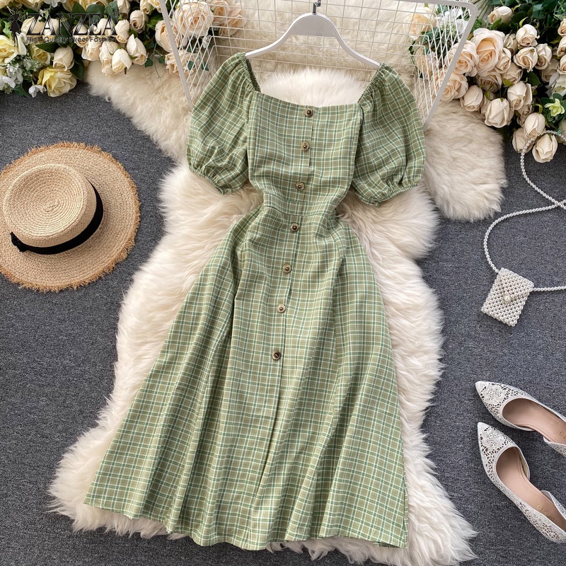 Đầm ZANZEA maxi cài nút tay ngắn phồng cổ vuông phong cách Hàn Quốc cho nữ