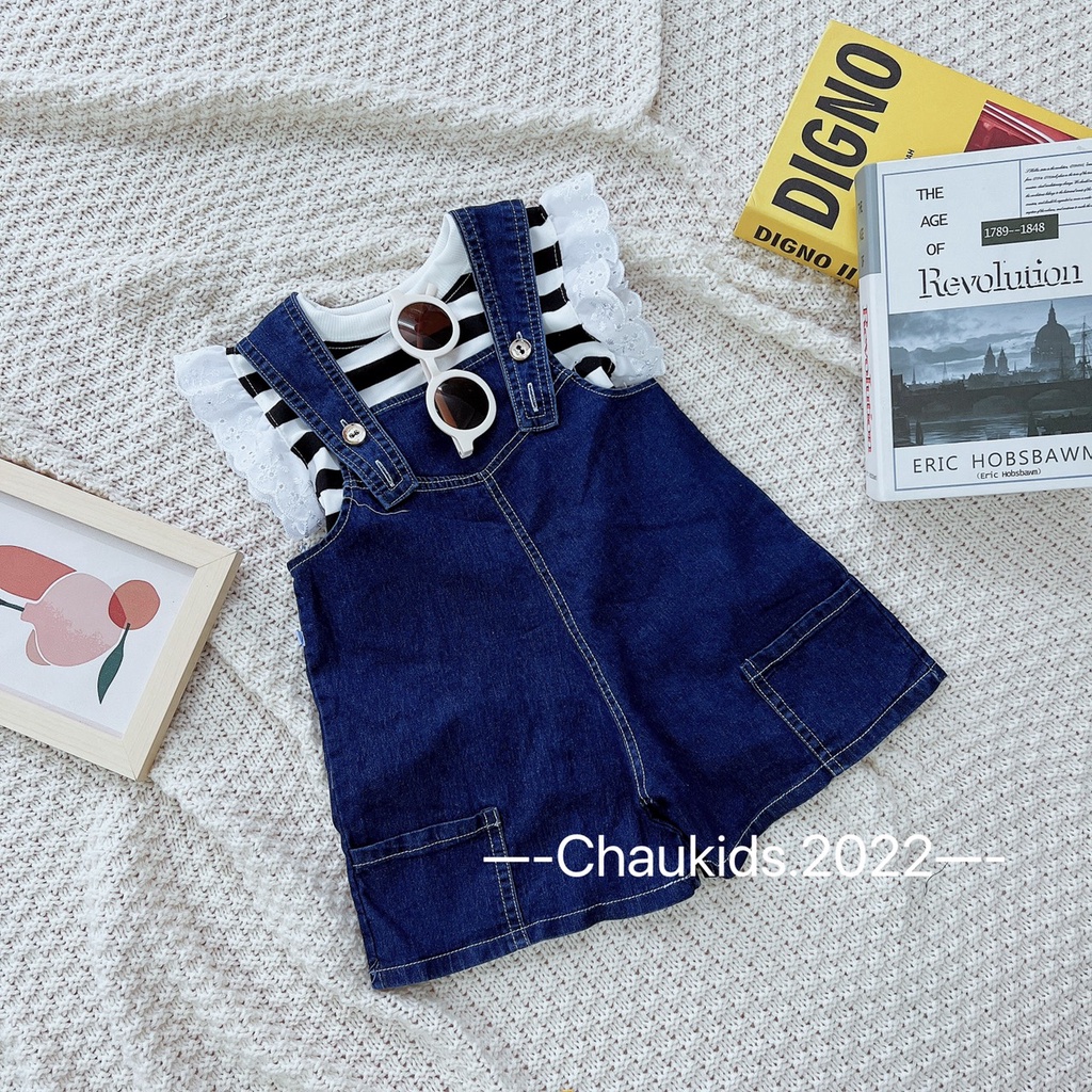 Quần yếm kèm áo thun bé gái, quần yếm bò áo kẻ tay hến bèo ren dễ thương cho bé