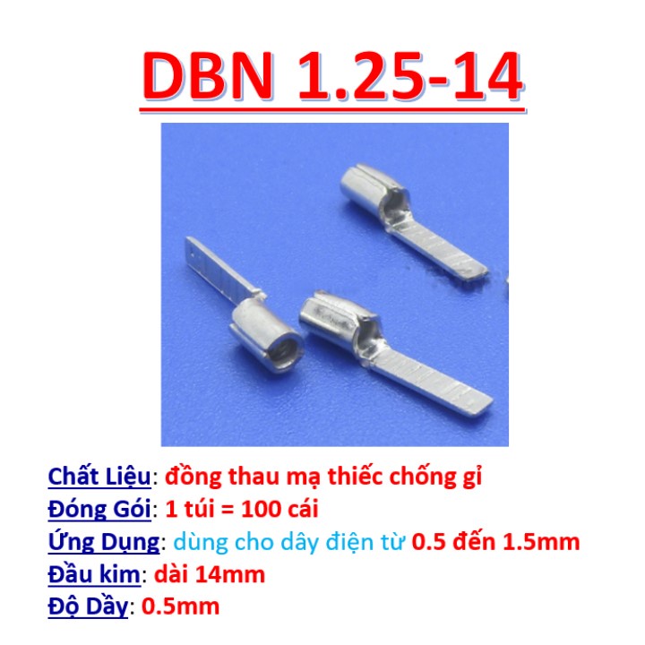 Đầu cos dây điện pin dẹp trần DBN 1.25 DBN 2, đầu cốt kim dẹt bấm dây 0.5mm 2.5mm, cosse đồng nối aptomat