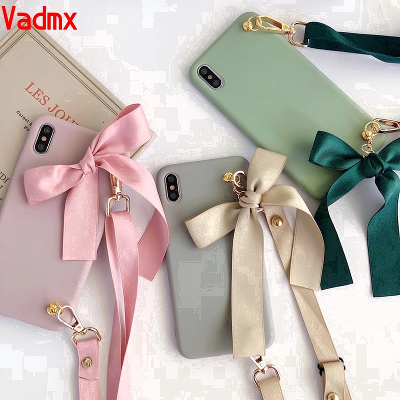 Cute Bow Tie Bag Silicon Phone Case For Vivo Y17 Y11 Y12 Y13 Y15 Y91C Y93 Y91 Y95 Y83 Y81 V11 V15 Pro Y85 V9 Y53 V5 V5S Soft Simple Cover With Strap