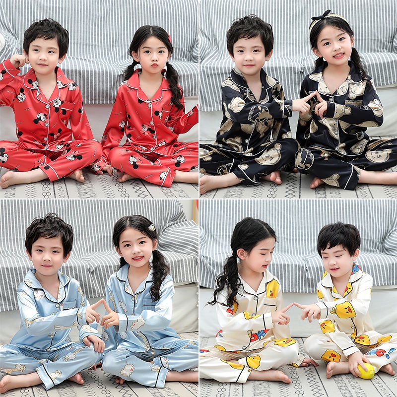 Bộ đồ ngủ trẻ em mỏng bé trai và gái mô phỏng lụa dài tay ngày lễ lớn của băng phục vụ tại nhà